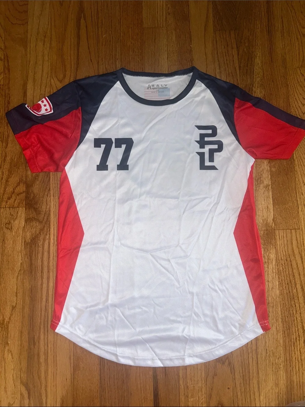 White, Red & Black Athletic Jersey with Number 77 Youth XL NEW